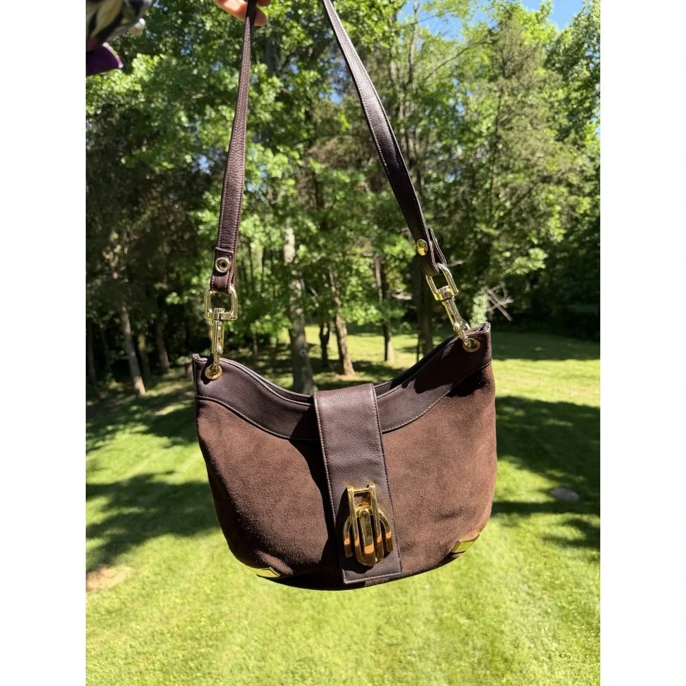 Vintage Susan Gail Brown Suede Hobo Shoulder Bag Purse Crescent Gold Hardware